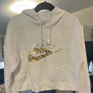 Nike Women's White Sweater with Silver and Gold Logo